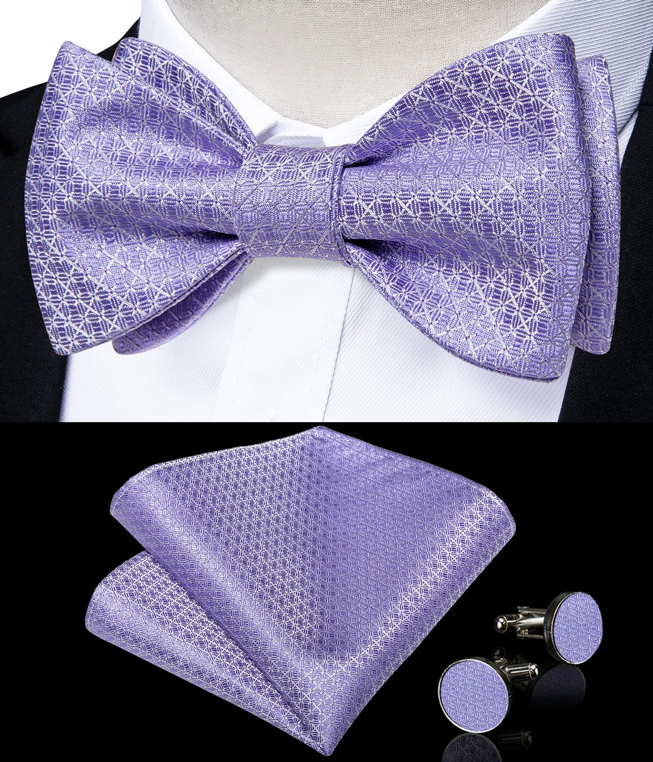 Purple Solid Silk Men's Pre-Bowtie Pocket Square Cufflinks Set