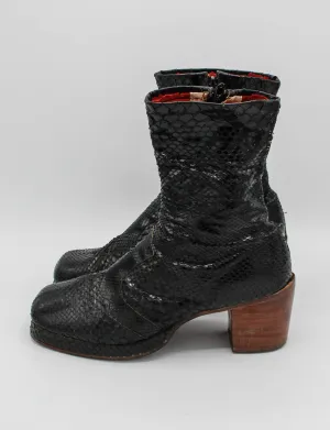 Vintage Late 60's Early 70's Granny Takes A Trip Black Snakeskin Platform Boots - M8.5/W10.5