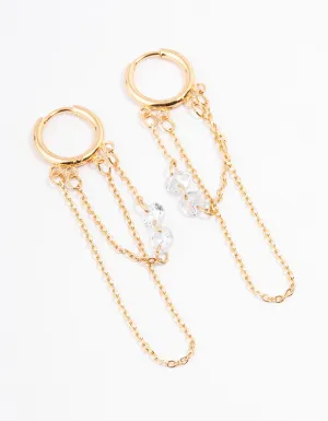 Waterproof Gold Plated Stainless Steel Double Chain Cubic Zirconia Huggie Earrings